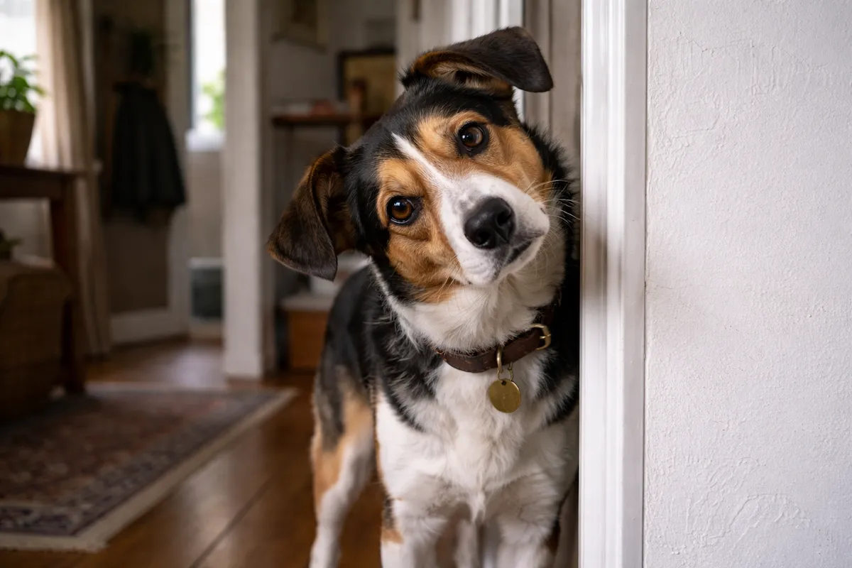 собака нахиляє голову і уважно слухає звук за стіною