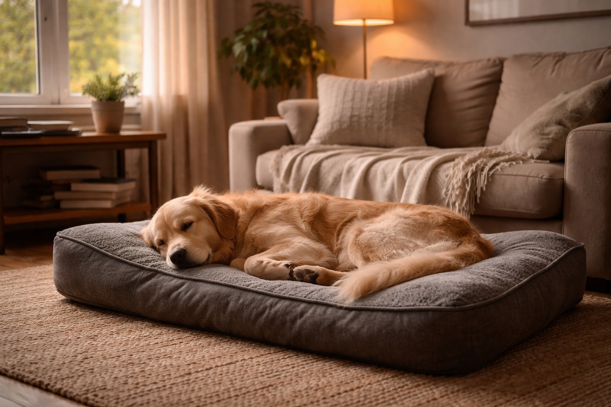 Собака спокійно спить на лежаку у тихій кімнаті