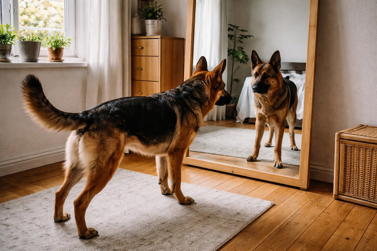 собака напружено дивиться на своє відображення у великому дзеркалі вдома
