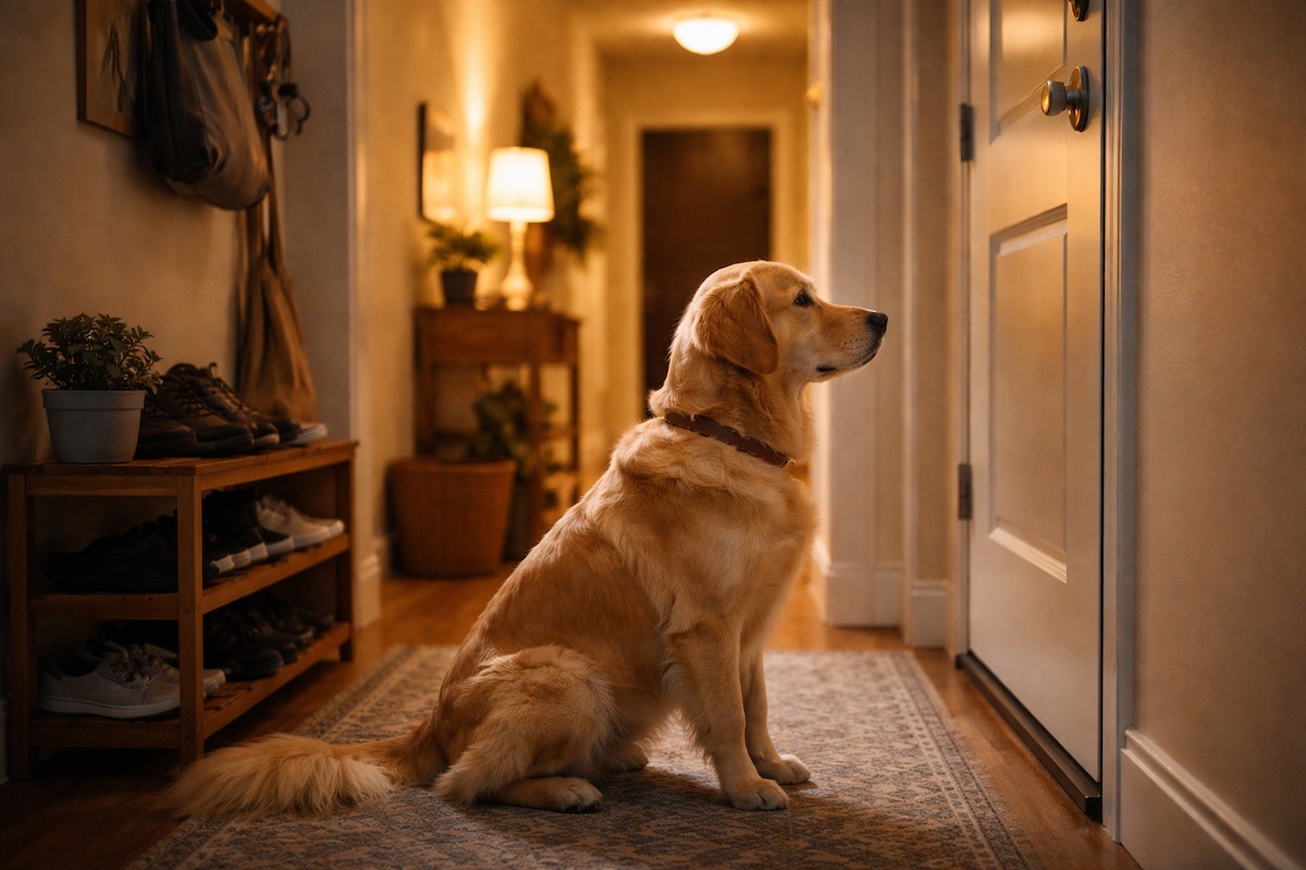 Собака сидить біля дверей і дивиться у коридор ніби чекає