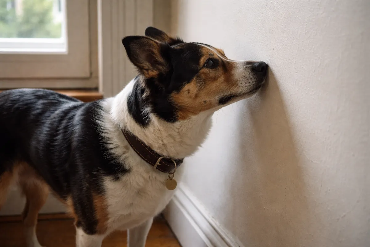 собака торкається стіни носом і реагує на вібрації