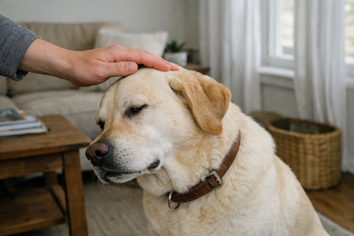 Собака трохи відвертається від руки людини під час погладжування