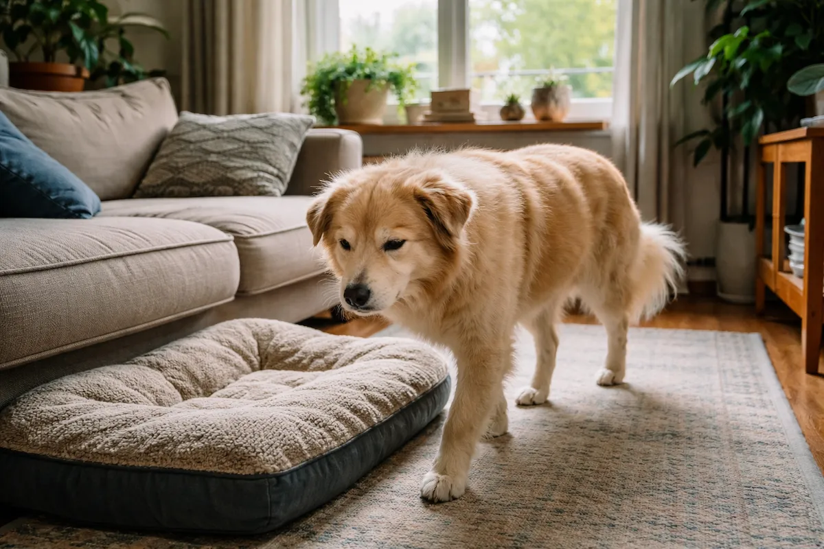 собака підводиться з лежака одразу після засинання та повільно рухається по кімнаті
