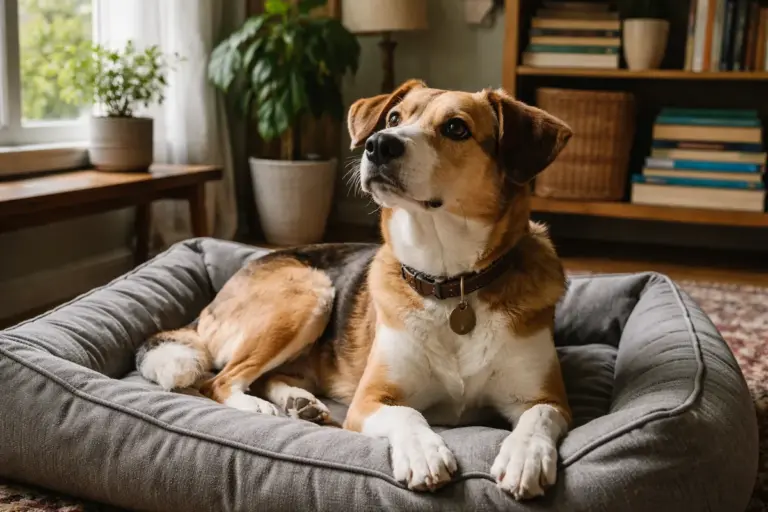 Собака лежить на лежаку з піднятою головою після короткого пробудження