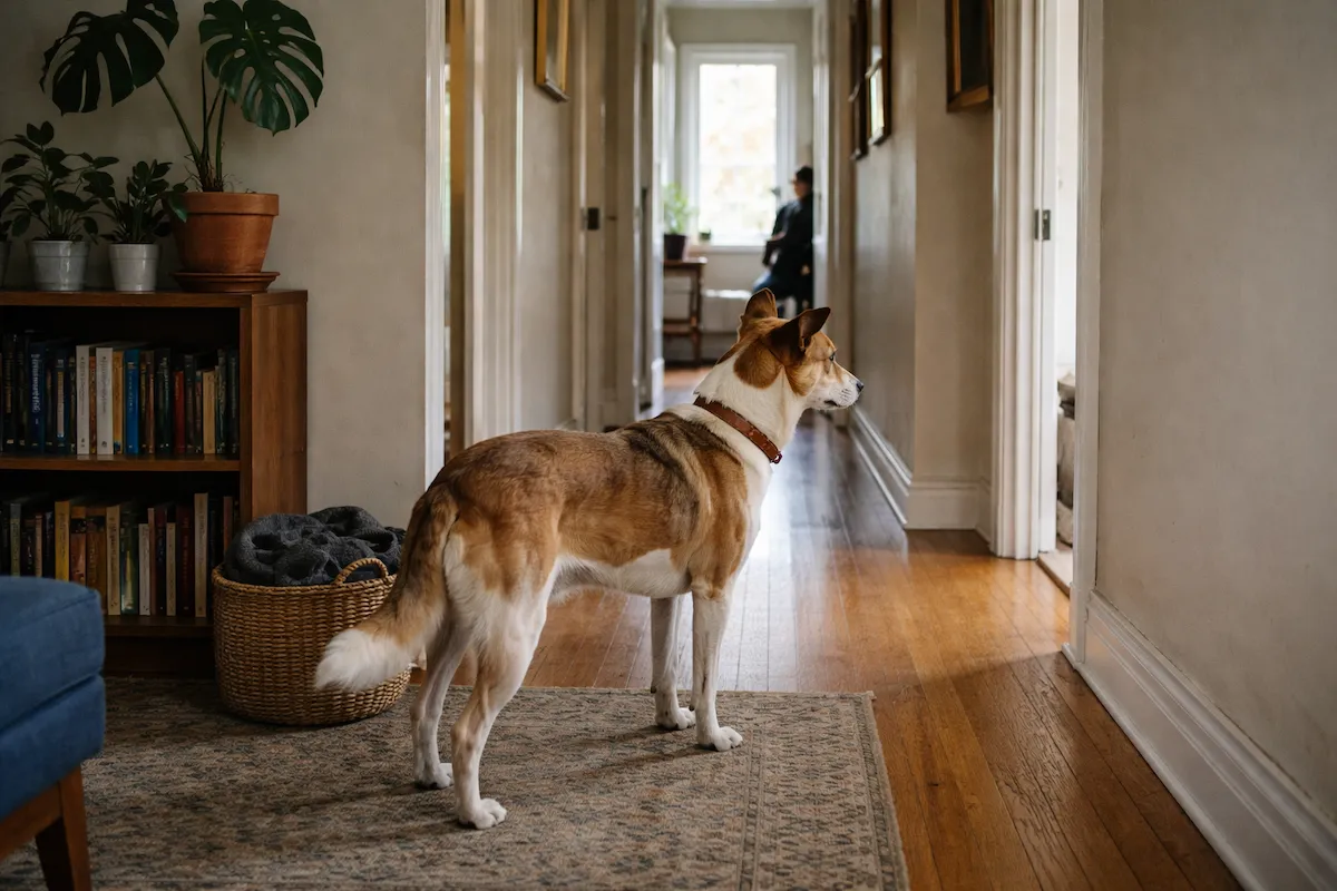 собака зупинилася під час руху по кімнаті і уважно дивиться у коридор