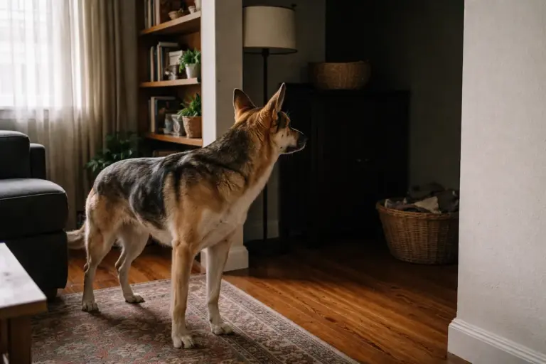 собака уважно дивиться у темний кут кімнати