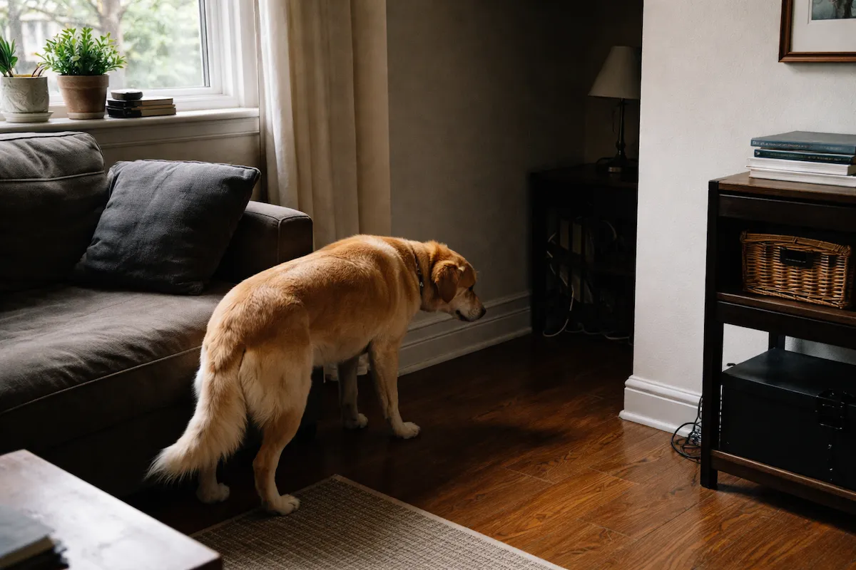 собака повільно підходить до темного кута і нюхає